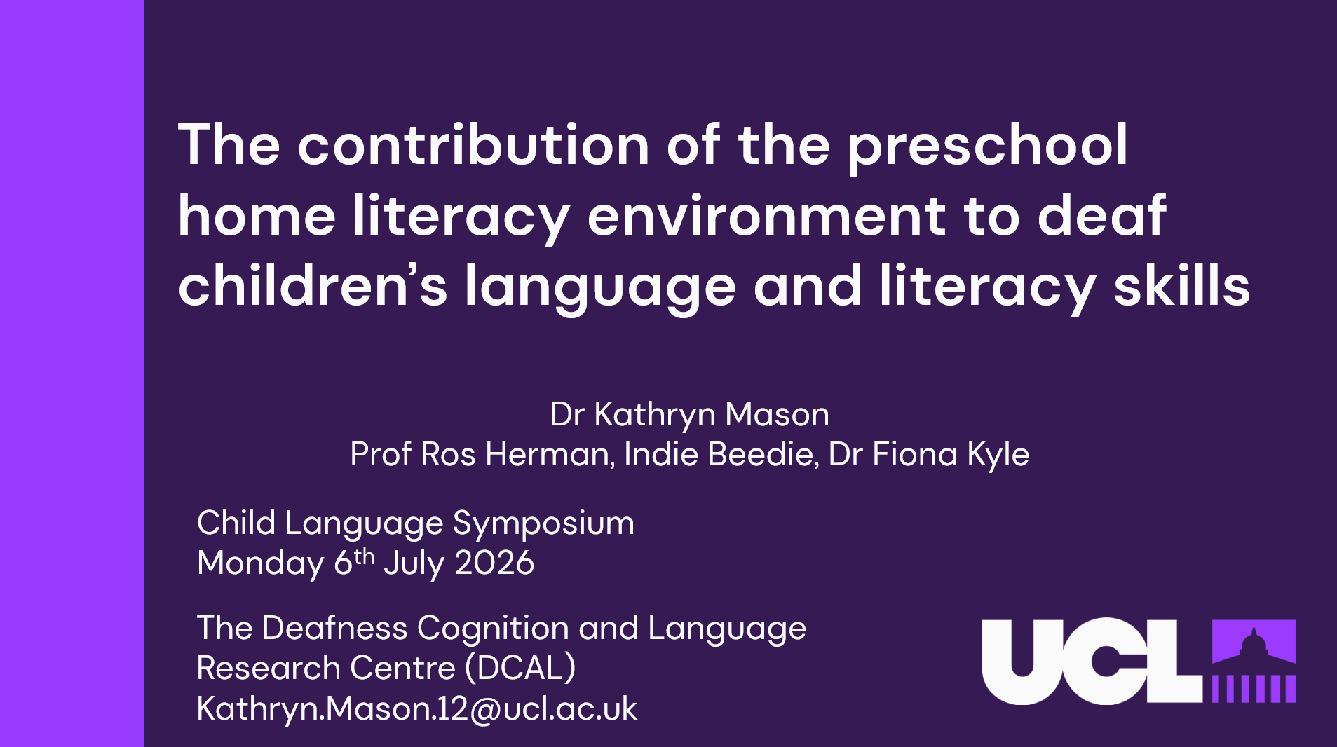 Dr Katie Mason presenting at the Child Language Symposium 2026 in London.